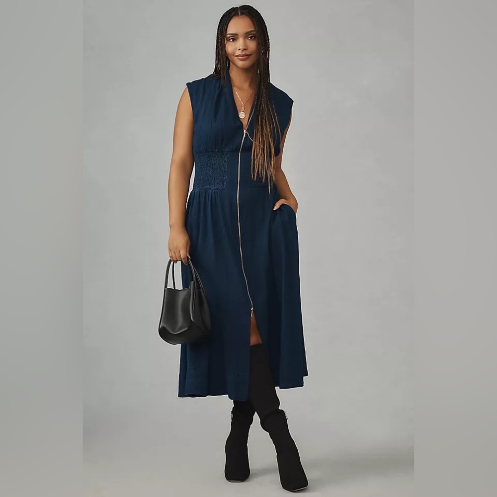 NWOT Tommie Zip-Front Midi Dress from Anthropologie in Navy Blue